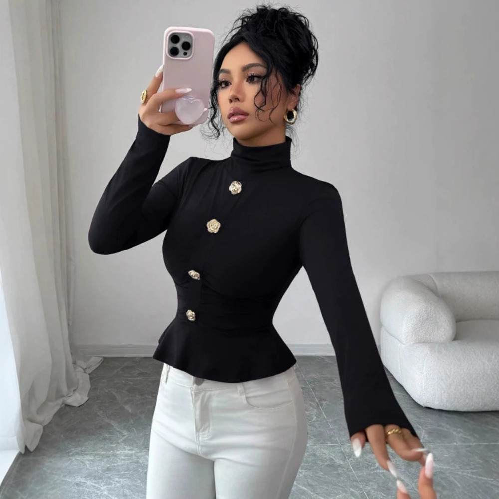Fall Winter Turtleneck Rose Gold Button Ruffle Slimming Top